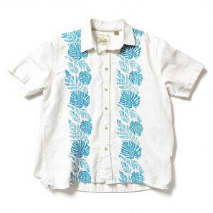 Tasso Elba Shirt Mens XL White Short Sleeve Tropical Leaf Print Button Up Camp